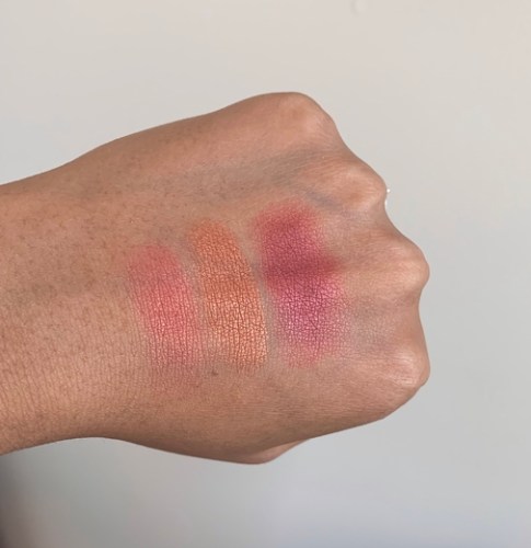 Becca Luminous Blush swatches on dark skin (snapdragon, blushed copper, dahlia)