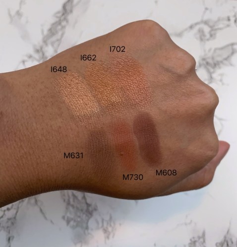 make up for ever (mufe) artist color eyeshadows swatches on medium dark skin (I648, I662, I702, M631, M730, M608)