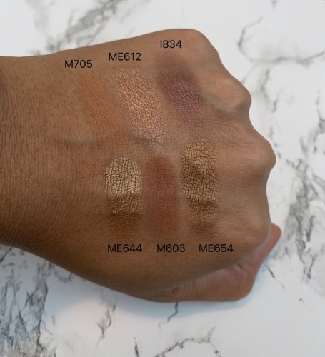 make up for ever (mufe) artist color eyeshadows swatches on medium dark skin (M705, ME612, I834, ME644, M603, ME654)