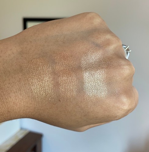 Mac La Leyenda vs Soul Glow (LE) and Whisper Of Gilt Swatches on dark skin