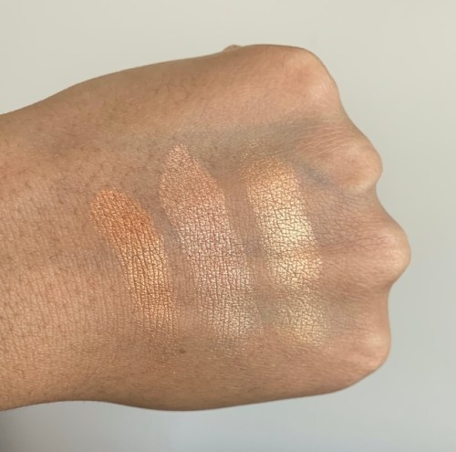 MAC Hyper Real Glow Highlighting Palette Shimmy Peach Swatches on medium dark skin