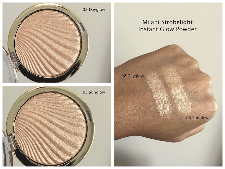 Milani strobelight instant glow powders dayglow sunglow swatches on medium dark skin
