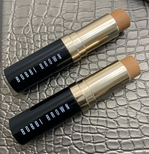 Bobbi Brown Skin Foundation Stick in golden (W-074/previously 6) and golden honey (W-068/previoulsy 5.75) Swatches on Medium Dark Skin
