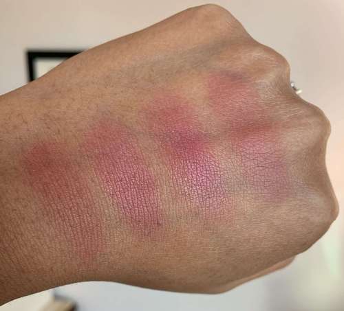 Bobbi Brown blush swatches (slopes, rose, sand pink, tawny) on medium dark skin