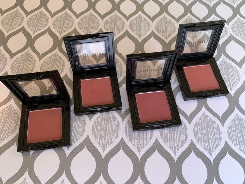 Bobbi Brown Blush slopes, rose, sand pink, and tawny swatches on medium dark skin