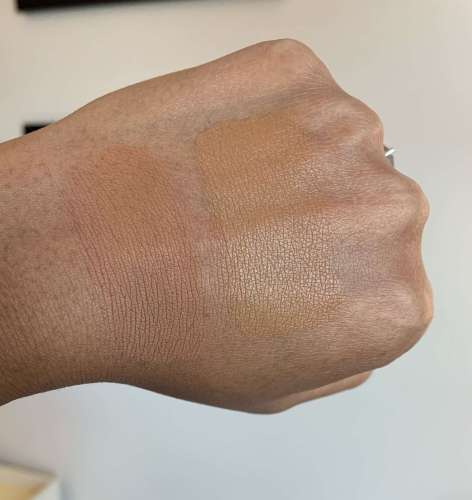 Estee Lauder double wear shade 5w2 rich caramel and nars natural radiant longwear shade tahoe swatches on medium dark skin