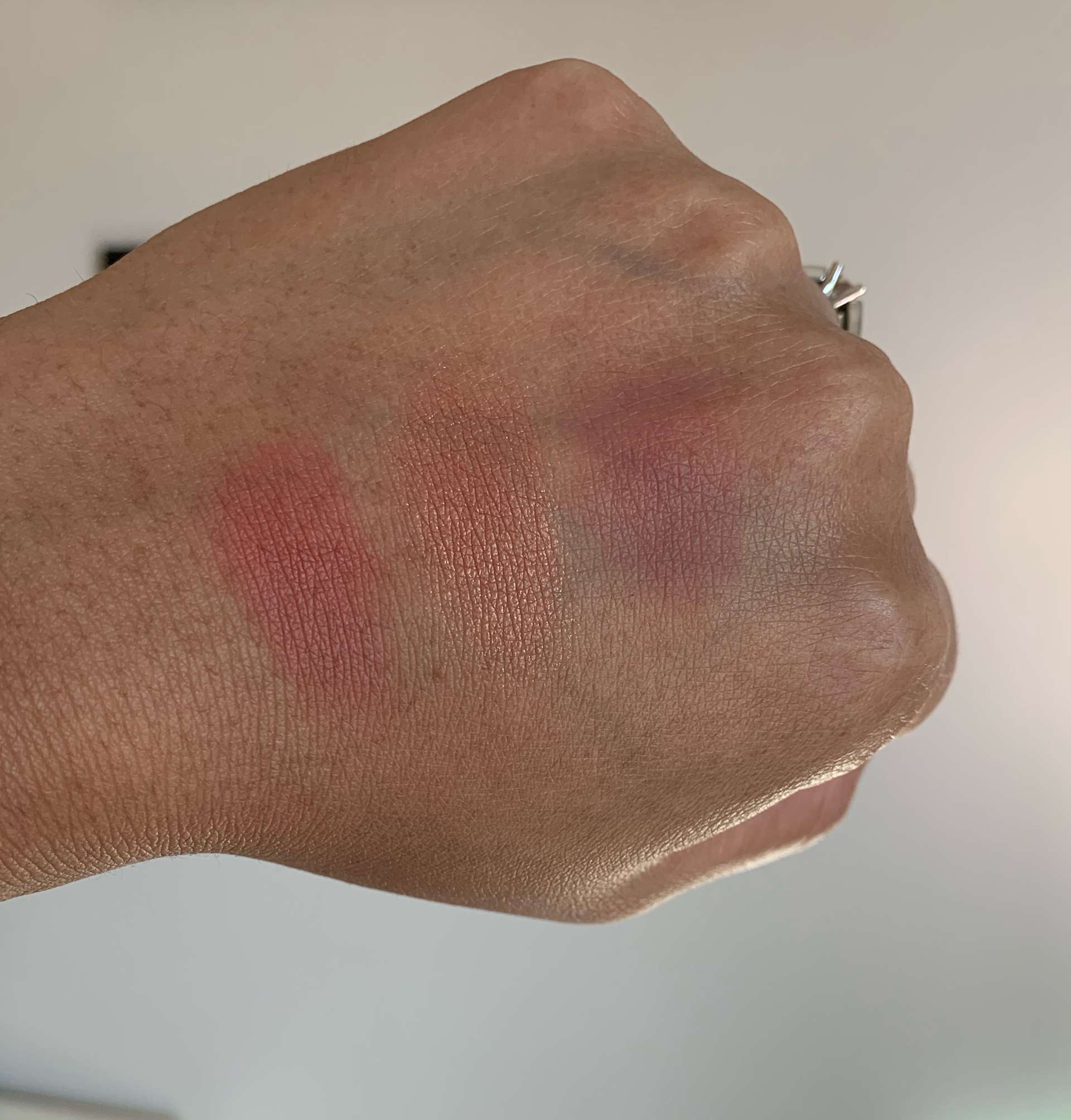 MAC matte Blush Burnt Pepper, sheertone shimmer blush peachtwist, and Sheertone blush breath of plum swatches dark skin