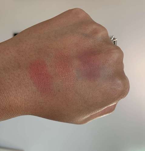 MAC matte Blush Burnt Pepper, sheertone shimmer blush peachtwist, and Sheertone blush breath of plum swatches dark skin