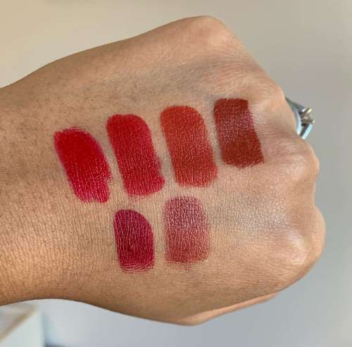MAC Cosmetics Lipstick Swatches (mac red, russian red, chili, marrakesh, d for danger, spice it up) on medium dark skin