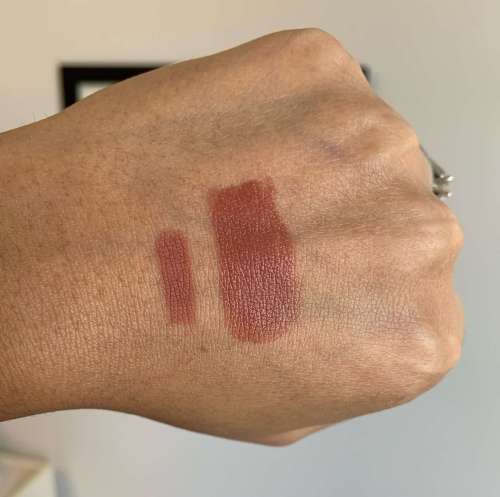Laura Mercier Rouge Essentiel/Essential lipstick brun naturel and Longwear Lip Liner hazelnut tea swatches medium dark skin