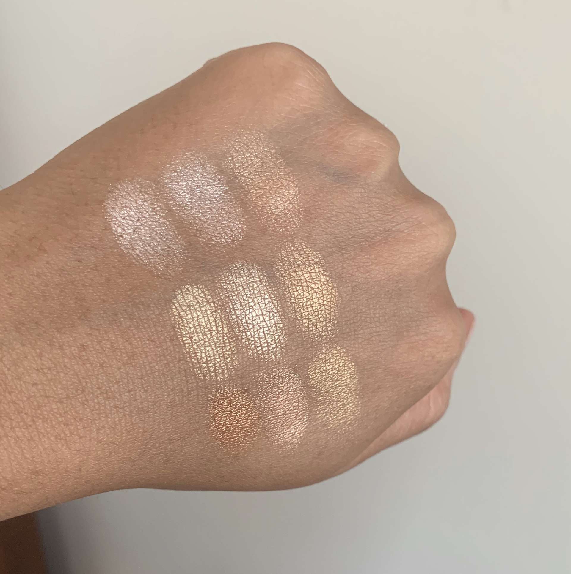 MAC Hyper Real Glow Palettes (flash and awe, get it glowin, shimmy peach) swatches medium dark skin