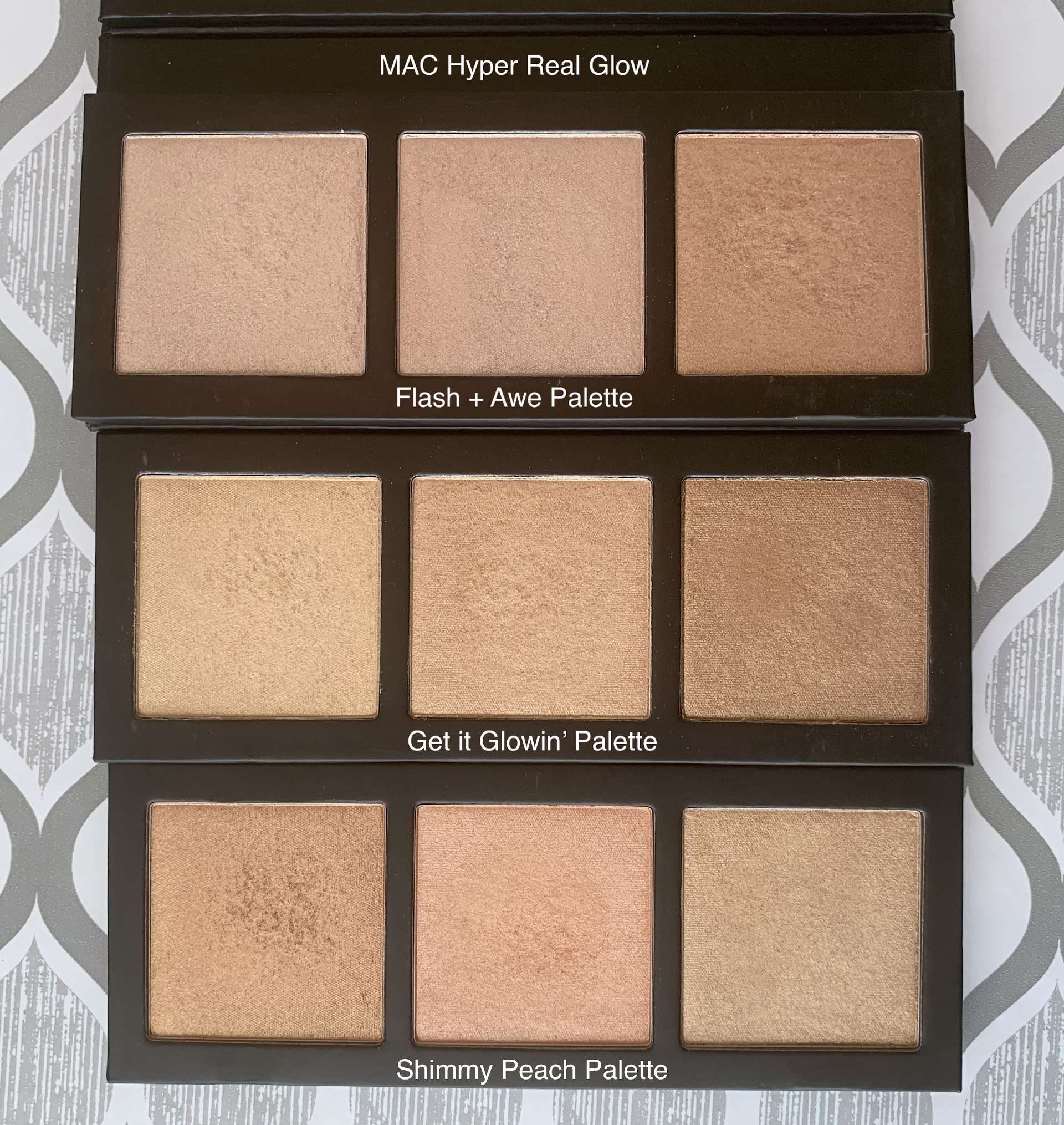 MAC Hyper Real Glow Palettes (flash and awe, get it glowin, shimmy peach) swatches medium dark skin