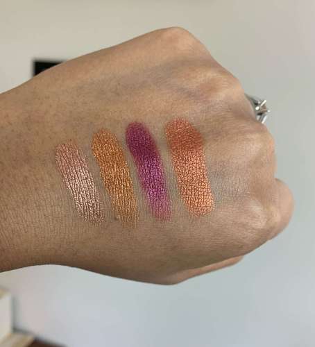 Makeup Geek Foiled Eyeshadow Swatches Grandstand, Legend, Mystical, Flame Thrower on medium dark skin