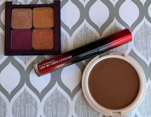Coloured Raine Cinna-Bae Bronzer, MAC Love Me Liquid Lip Color E for Effortless, and Makeup Geek Foiled Eyeshadows