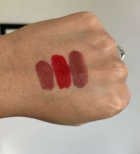 MAC Love Me Liquid Lip Colour Swatches on medium dark skin (Bated Breath, E for Effortless, and Coffee and Cigs)