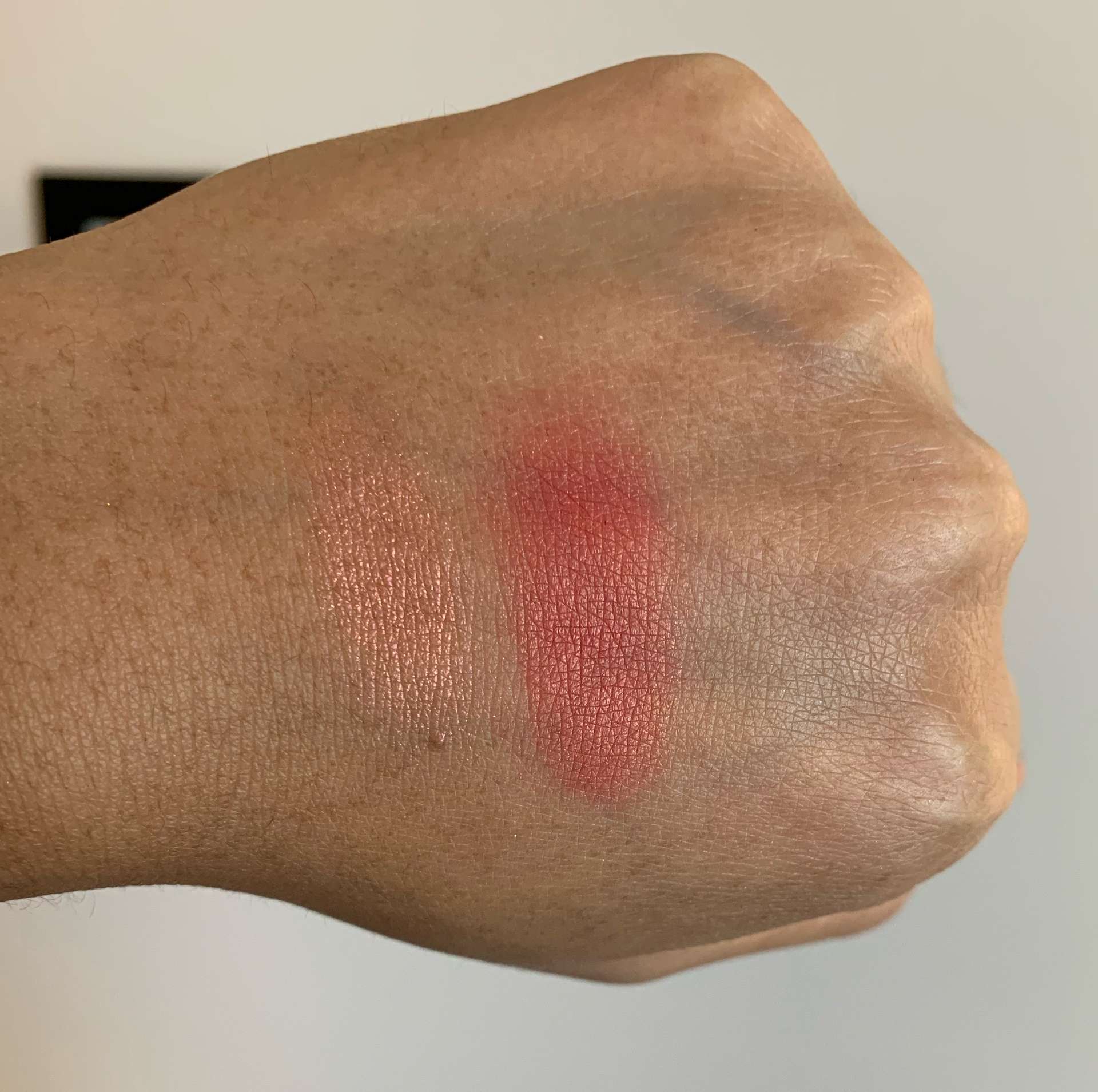 Coloured Raine Peach Royalty (previously call the shots) Highlight and Blush Duo Swatches on Medium Dark Skin