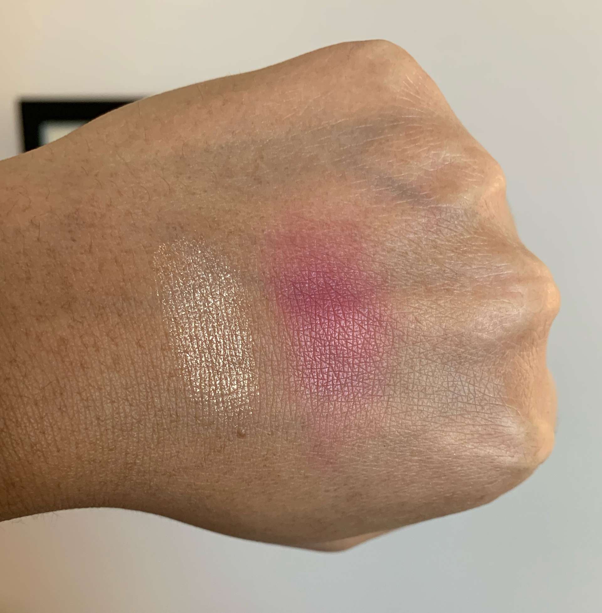 Coloured Raine Rose Love (previously Damage Control) Highlight and Blush Duo Swatches on Medium Dark Skin