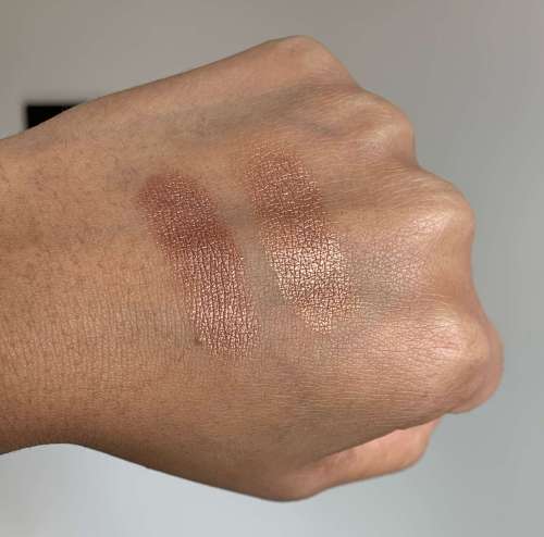 MAC Sand Tropez Foiled Eyeshadow vs Makeup Geek Grandstand Foiled Eyeshadow Swatches on Medium Dark Skin