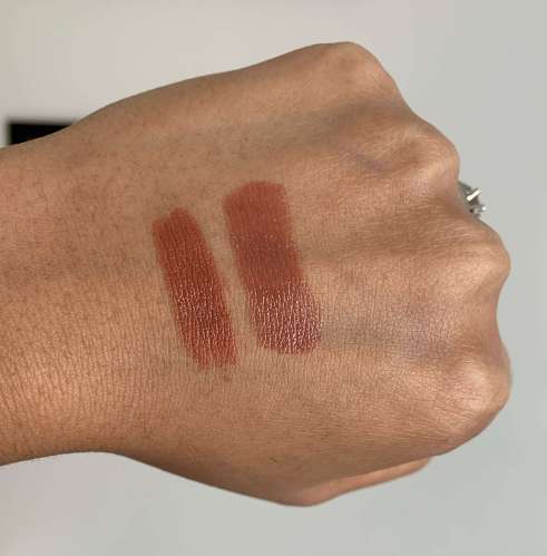 Huda Beauty Money Maker Power Bullet Cream Glow Hydrating Lipstick Money Maker Swatch on Medium Dark Skin Compared to Bite Beauty Calvados
