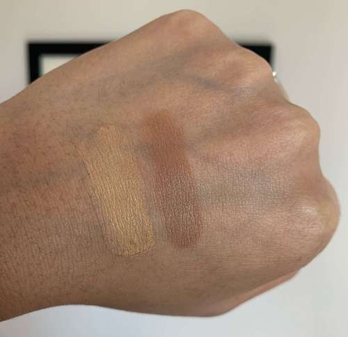 Lancome Teint Idole Stick Foundation in 410 Bisque W and 450 Suede N Swatches on Medium Dark Skin