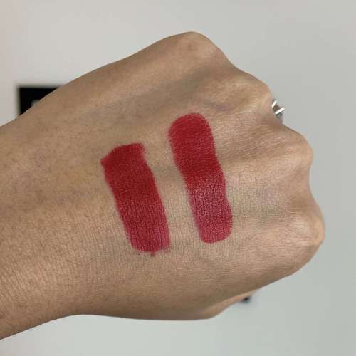 Givenchy Le Rouge Deep Velvet 37 Rouge Graine and MAC Russian Red Swatches Medium Dark Olive Skin