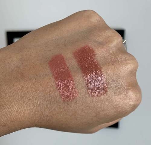 Huda Beauty Money Maker and Sweet Cheeks Power Bullet Cream Glow Hydrating Lipstick Swatches on Medium Dark Skin