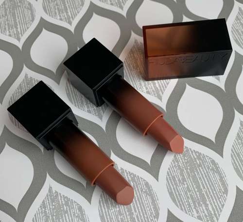 Huda Beauty Money Maker and Sweet Cheeks Power Bullet Cream Glow Hydrating Lipstick Swatches on Medium Dark Skin