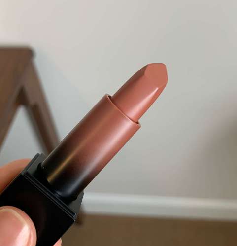 Huda Beauty Sweet Cheeks Power Bullet Cream Glow Hydrating Lipstick Swatch on Medium Dark Skin