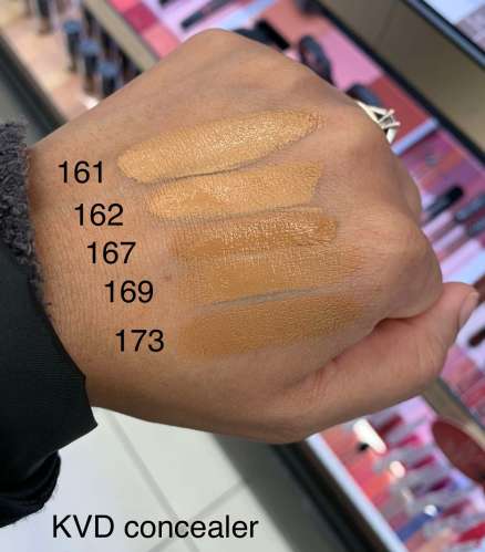 KVD Good Apple Concealer Shades 161, 162, 167, 169, and 173 Swatches on Medium Dark Olive Skin