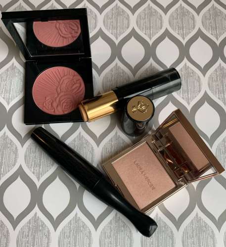 Pat McGrath Divine Rose Blush Swatch, Lancome Stick Foundation (410 Bisque W) Swatch, Laura Mercier Rose Glow Highlighter Swatch, and MAC In Extreme Dimension 3D Black Lash Mascara