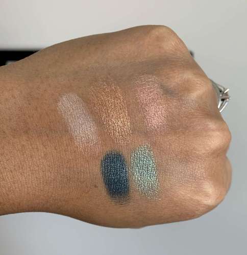 Urban Decay Born To Run Palette Swatches on Medium Dark Skin (shade names: Breakaway, stranded, blaze, radio, big sky)