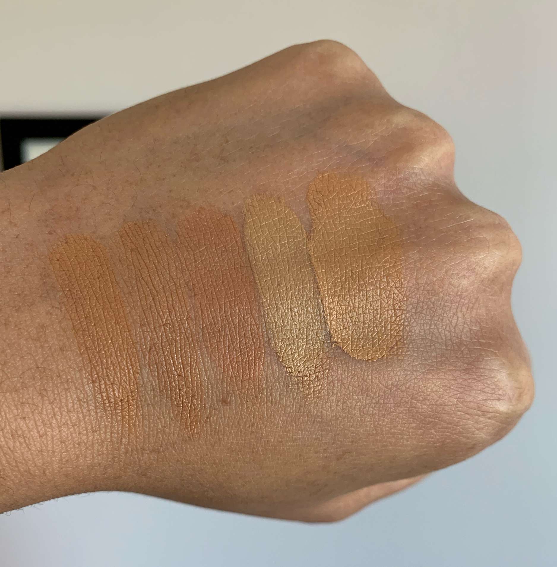 Pat McGrath Sublime Perfection M21, Giorgio Armani Luminous Silk 9, Dior Forever Skin Correct 4.5N and 4WO, Too Faced Born This Way Cookie Swatches on Medium Dark Skin