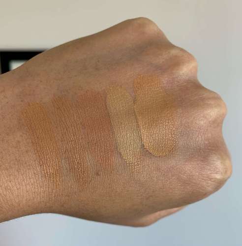 Pat McGrath Sublime Perfection M21, Giorgio Armani Luminous Silk 9, Dior Forever Skin Correct 4.5N and 4WO, Too Faced Born This Way Cookie Swatches on Medium Dark Skin