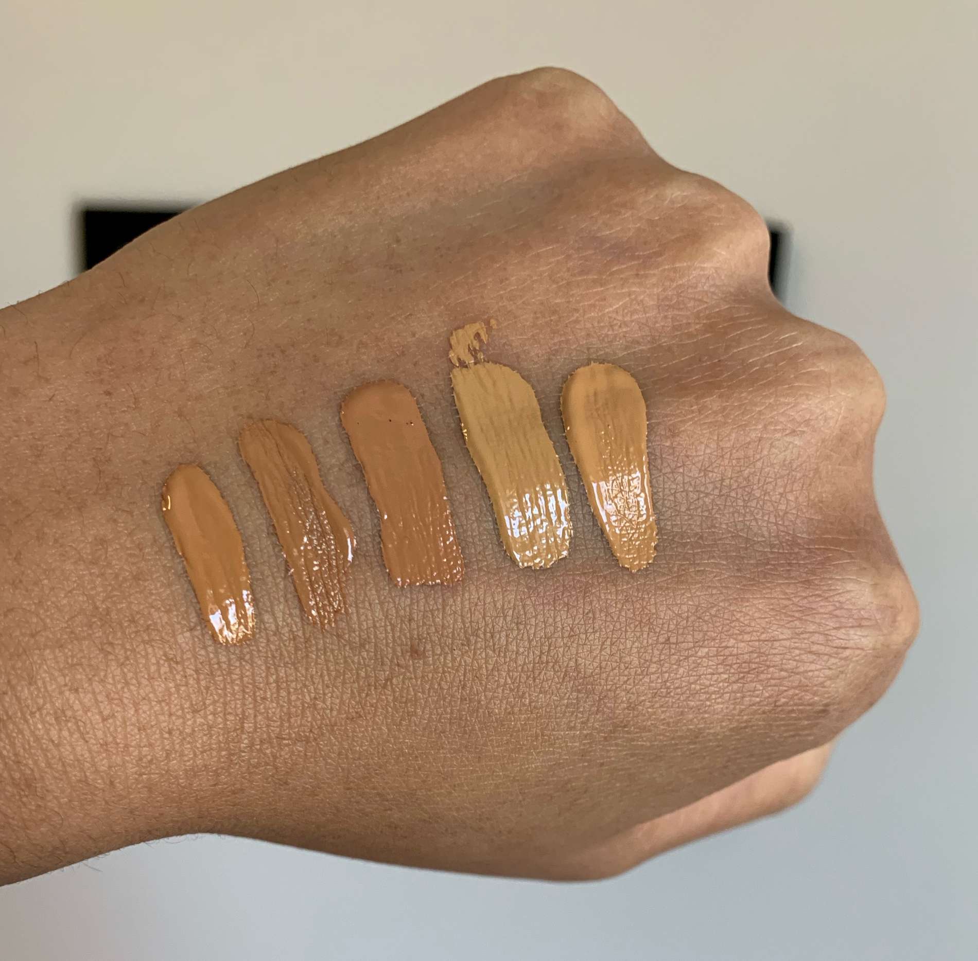 Pat McGrath Sublime Perfection M21, Giorgio Armani Luminous Silk 9, Dior Forever Skin Correct 4.5N and 4WO, Too Faced Born This Way Cookie Swatches on Medium Dark Skin