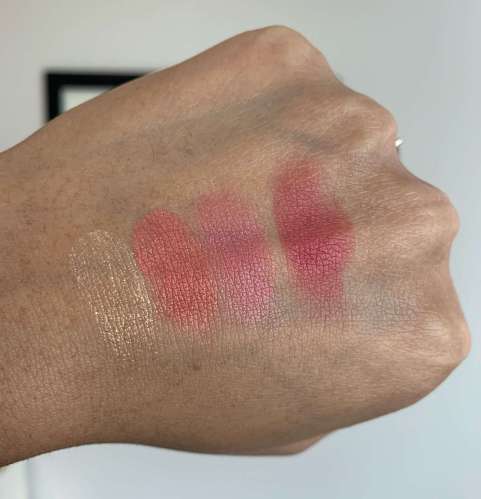Pat McGrath Blushing Delights Blush and Highlighter Palette Swatches on Medium Dark Skin