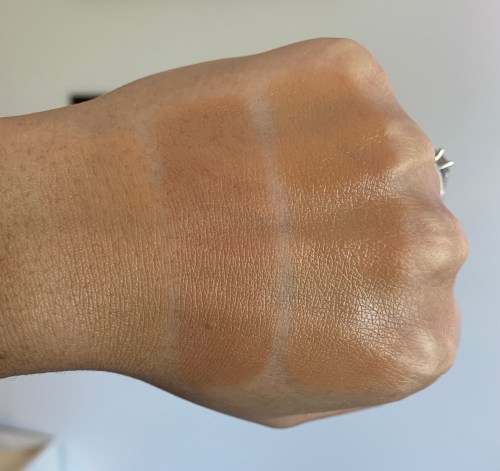MAC Studio Radiance Face and Body C5, Estee Lauder Double Wear Sheer 5W2, and Smashbox Halo Tinted Moisturizer Medium Tan Swatches Medium Dark Skin (skin tints)