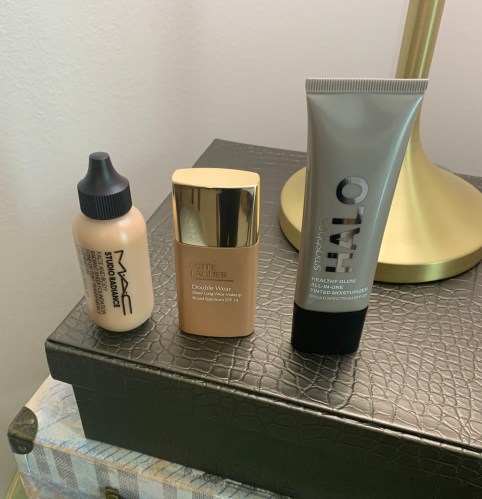 MAC Studio Radiance Face and Body C5, Estee Lauder Double Wear Sheer 5W2, and Smashbox Halo Tinted Moisturizer Medium Tan Swatches (Skin Tints)