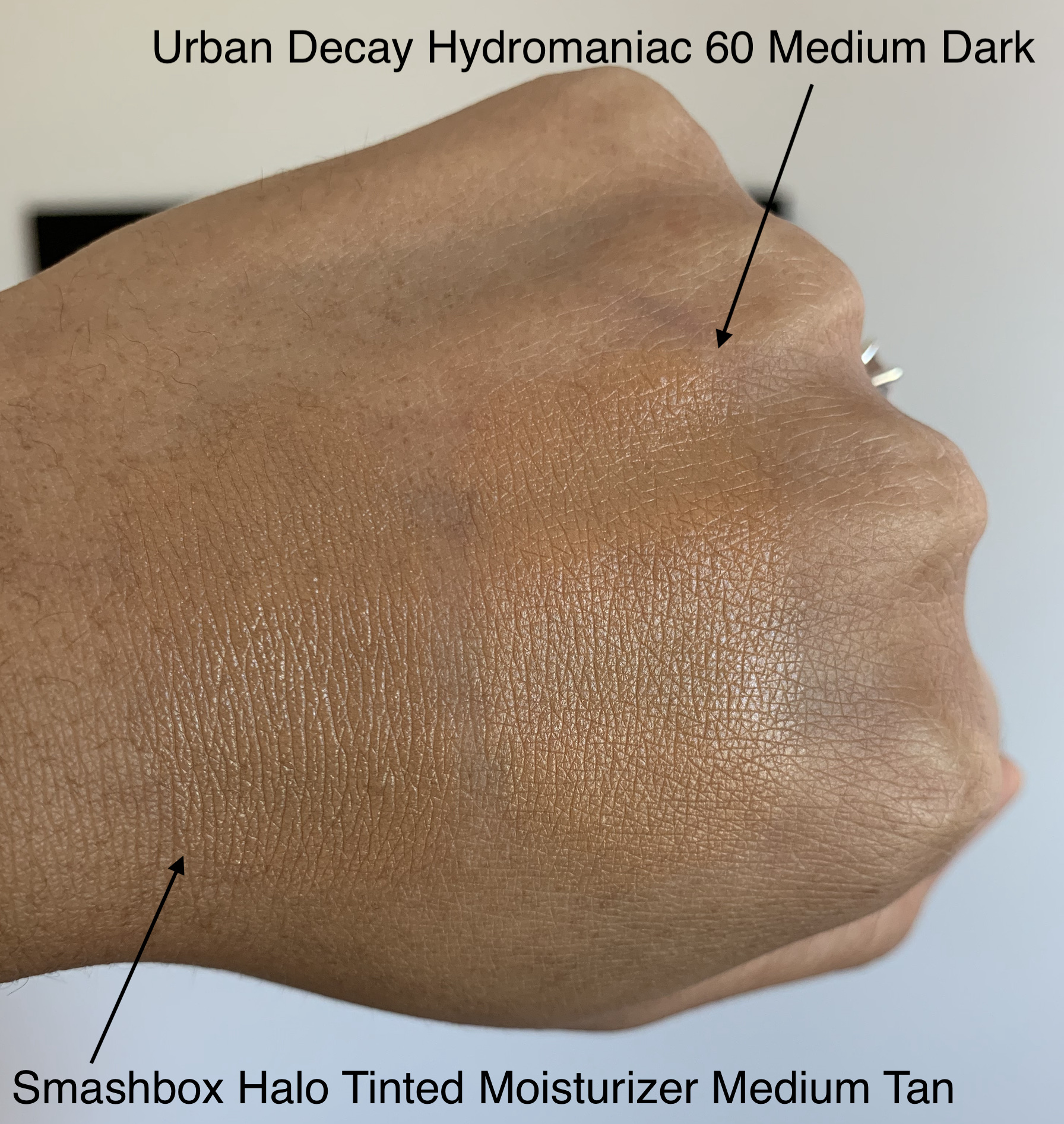 Smashbox Halo Healthy Glow Tinted Moisturizer in Medium Tan and Urban Decay Hydromaniac Tinted Glow Hydrator in 60 Medium Dark Swatches
