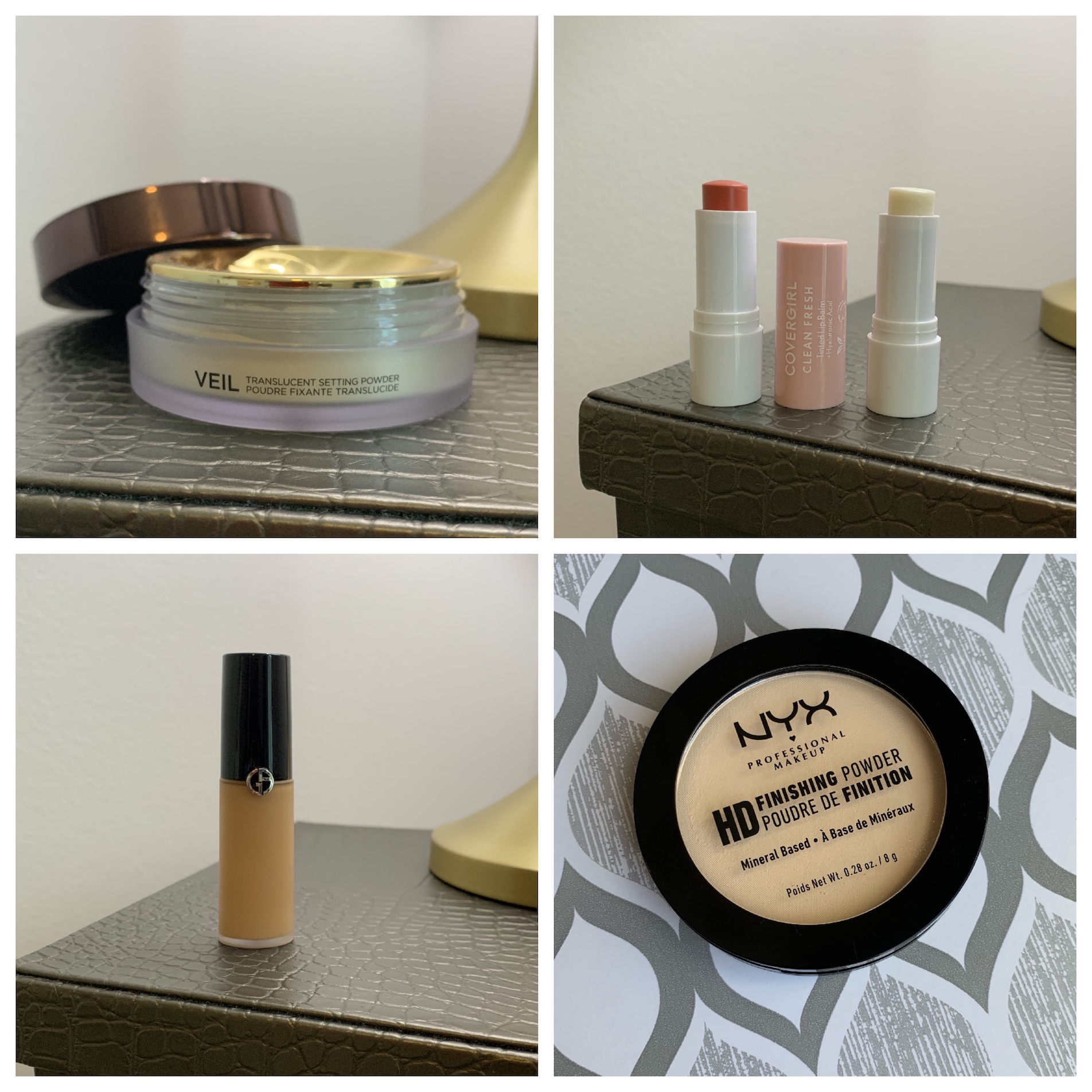 Hourglass Veil Translucent Loose Setting Powder, Giorgio Armani Luminous Silk Concealer, Covergirl Clean Fresh Tinted Lip Balm in Made for Peach and Clear, NYX HD Finishing Powder in Banana