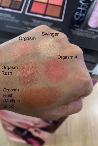 NARS Orgasm Four Play Blush Quad Swatches and Orgasm Rush Multiple Swatches