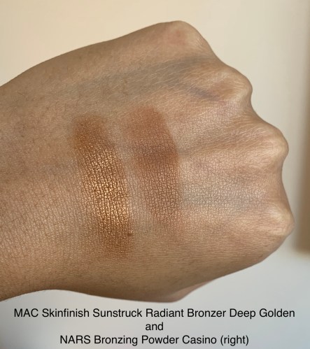 MAC Skinfinish Sunstruck Bronzer Radiant Deep Golden vs NARS Bronzing Powder Casino Swatches Medium Dark Skin