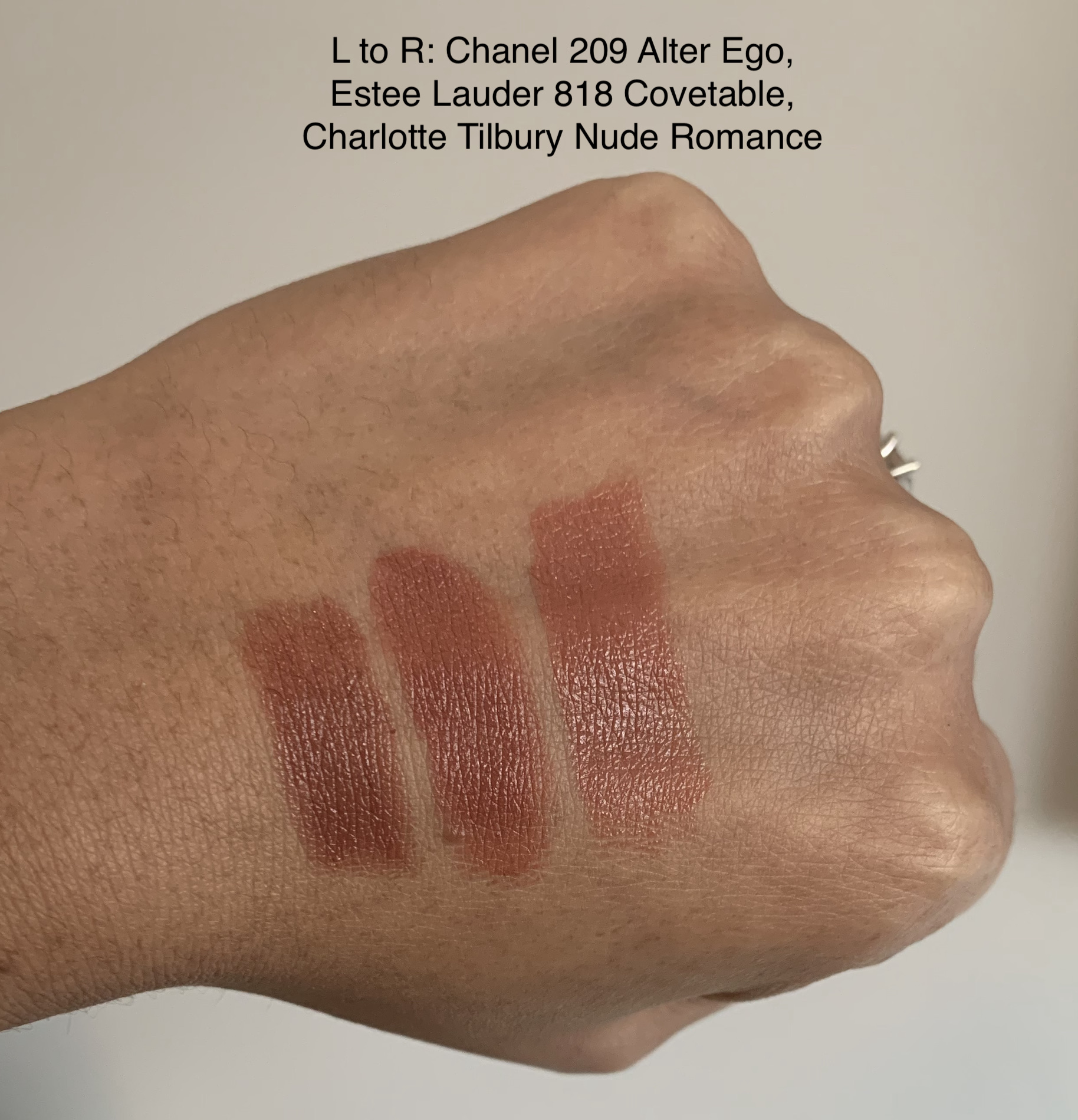 Chanel Rouge Allure 209 Alter Ego, Estee Lauder Pure Colore Creme 818 Covetable, Charlotte Tilbury Nude Romance Lipstick Swatches Medium Dark Skin