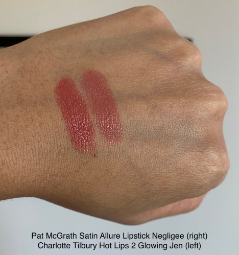 Pat McGrath SatinAllure Negligee and Charlotte Tilbury Hot Lips 2 Glowing Jen Lipstick Swatches Medium Dark Skin