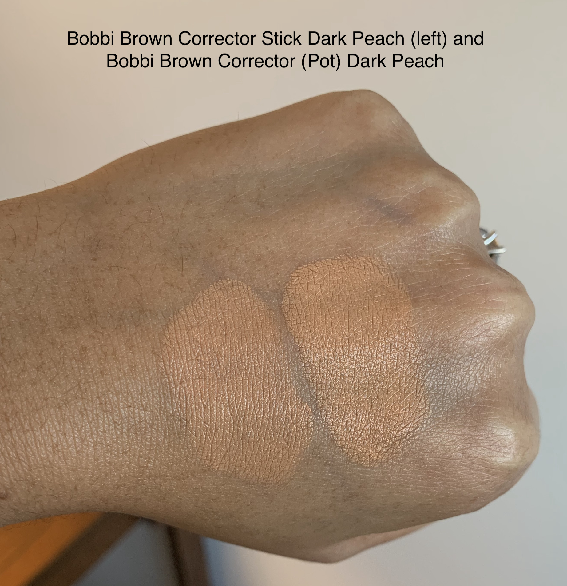 Bobbi Brown Corrector Stick Dark Peach and Bobbi Brown Under Eye Corrector Pot Dark Peach Swatches Medium Dark Skin