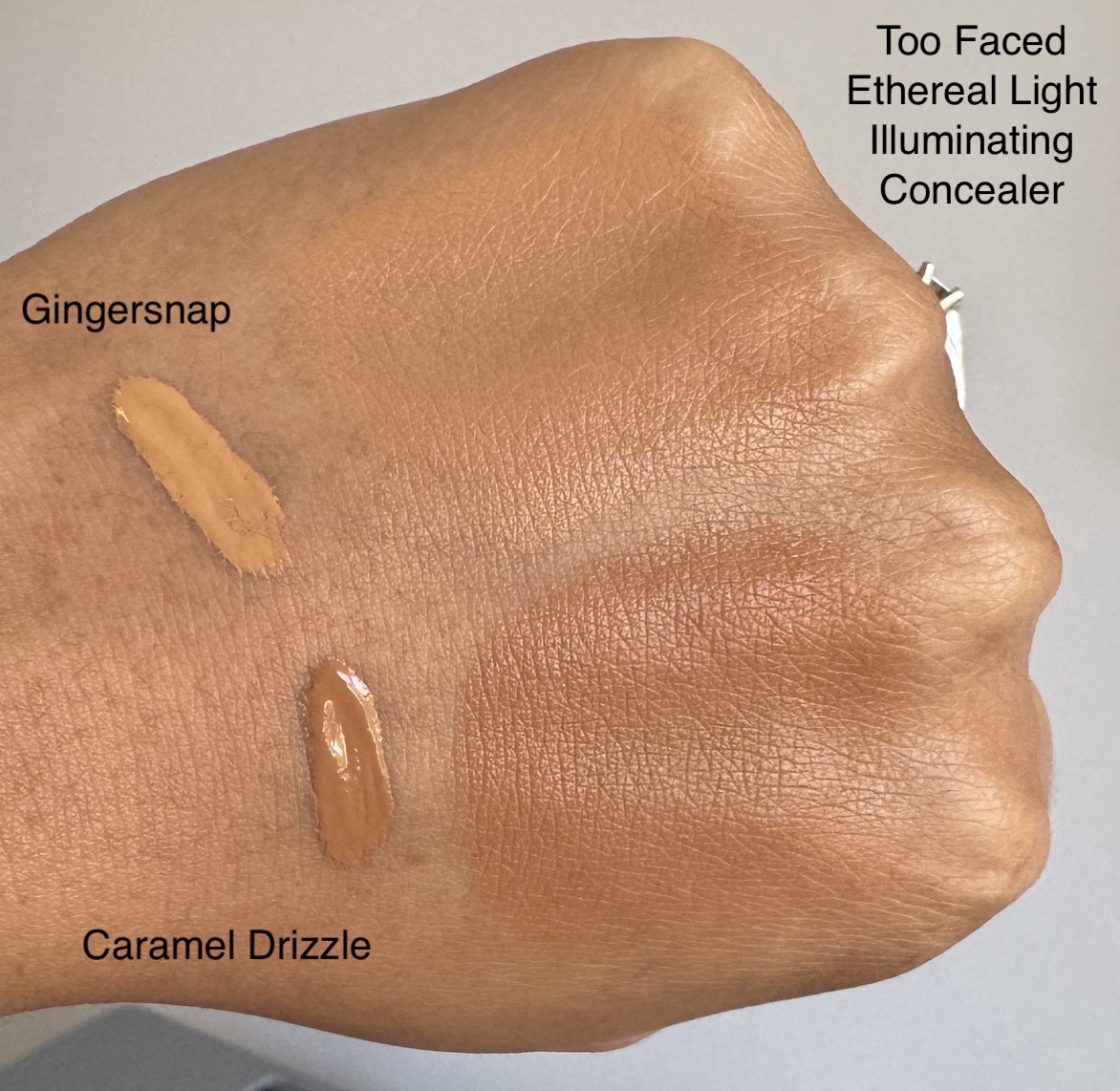 Too Faced Ethereal Light Illuminating Concealer Gingersnap Caramel Drizzle Swatches Medium Dark Skin