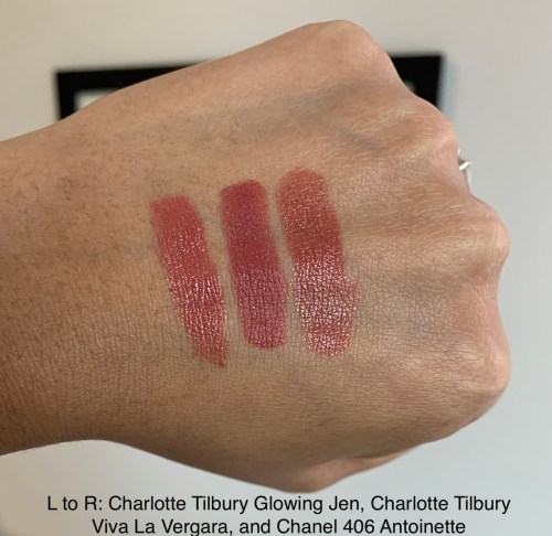 Charlotte Tilbury Glowing Jen, Charlotte Tilbury Viva La Vergara, and Chanel 406 Antoinette Lipstick Swatches Medium Dark Skin