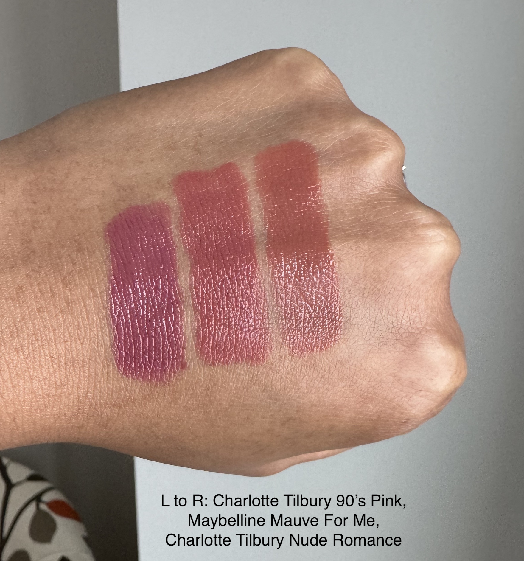 Charlotte Tilbury 90’s Pink, Maybelline Mauve For Me, Charlotte Tilbury Nude Romance Lipstick Swatches Medium Dark Skin