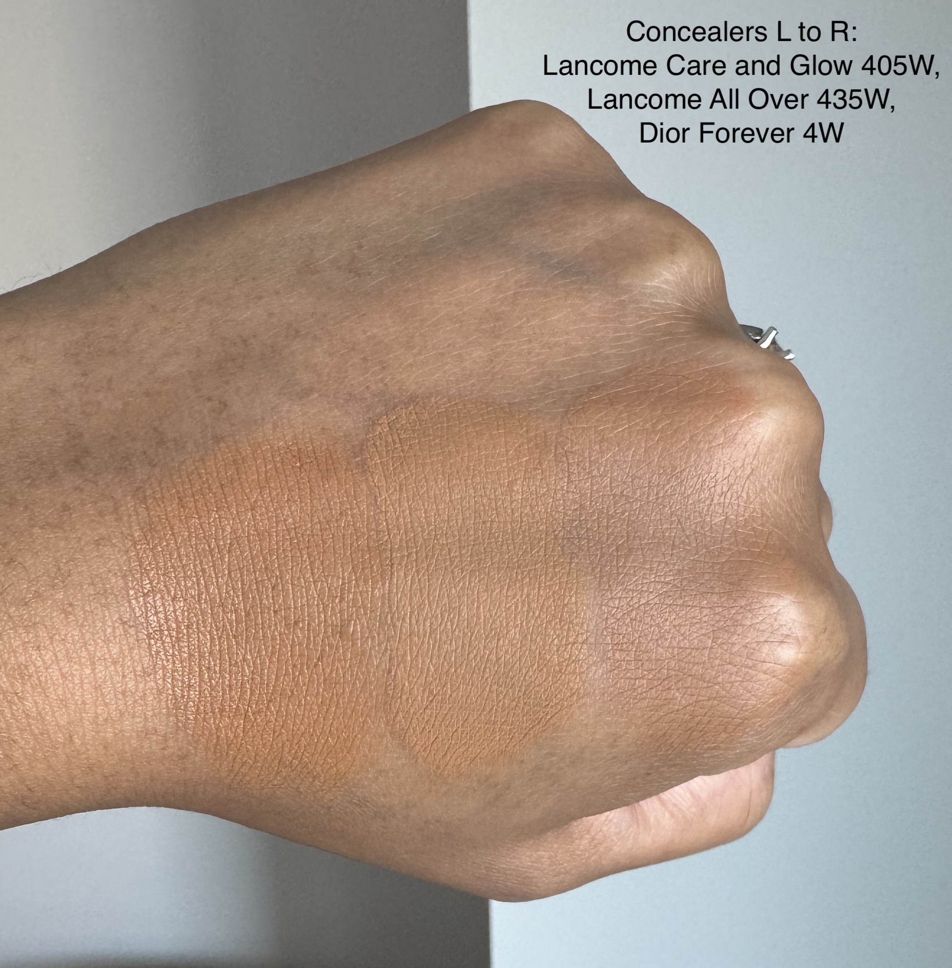 Lancome Care and Glow Serum 405W, Lancome Tient Idole All Over 435W, Dior Forever Skin Correct 4W Concealer Swatches Medium Dark Skin