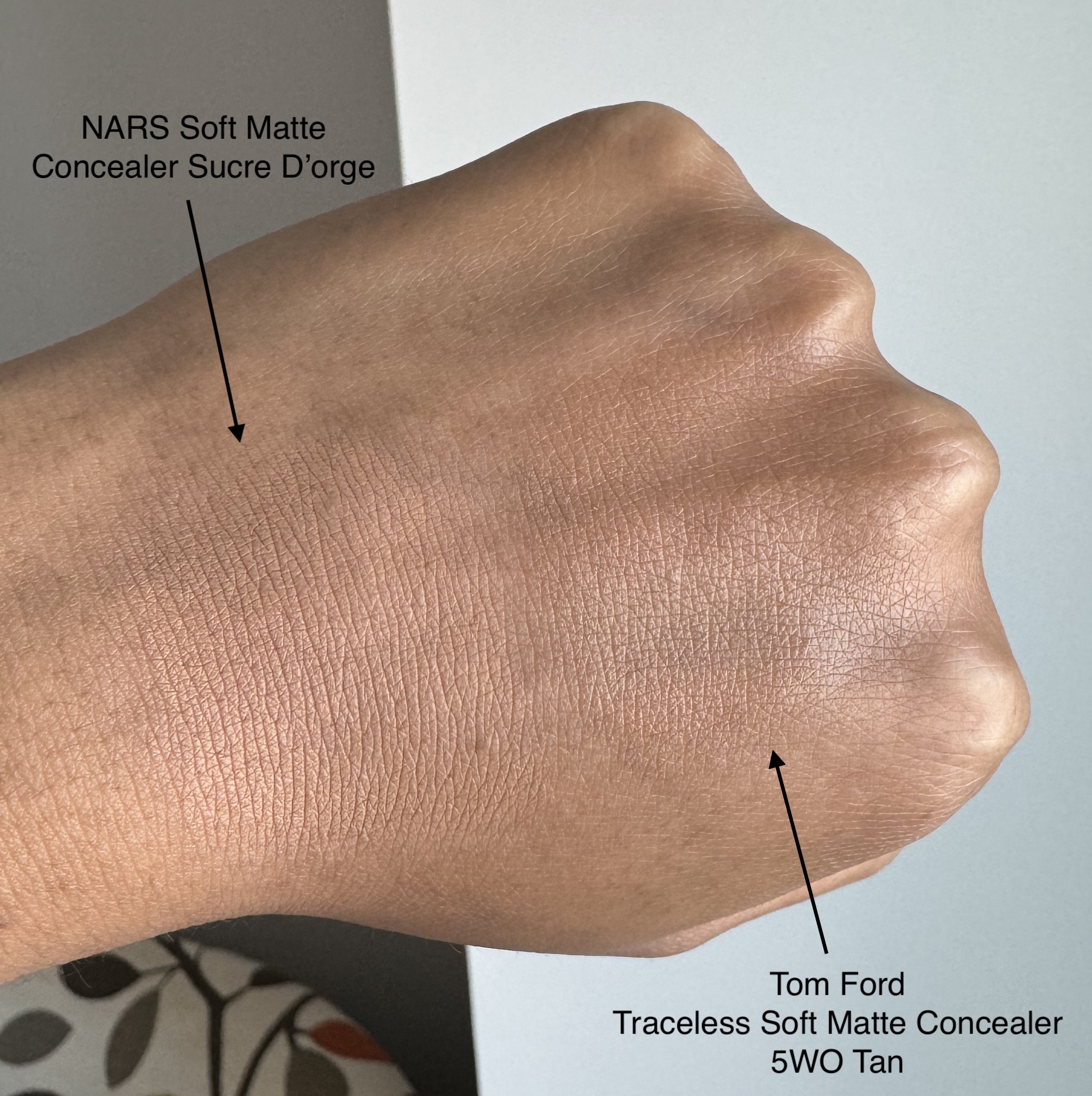 Tom Ford Traceless Soft Matte 5WO Tan vs NARS Soft Matte Sucre D'orge Concealer Swatches Medium Dark Skin