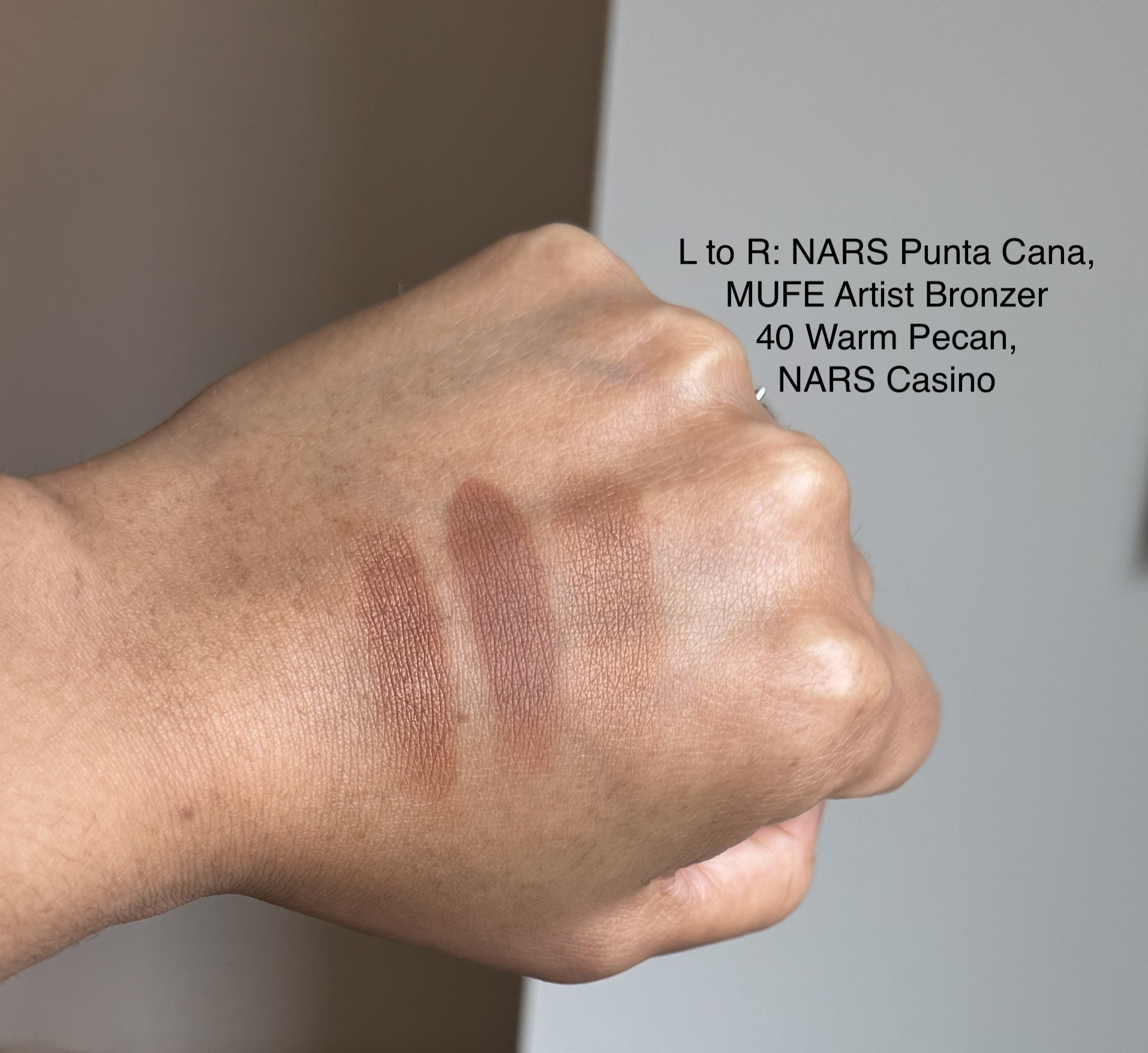 Makeu Up For Ever (MUFE) Artist Matte Bronzer 40 Warm Pecan vs NARS Punta Cana and Casino Swatches Medium Dark Skin